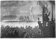 Från Karl XII:s statys aftäckningsfest i Stockholm den 30 november 1868. 2. Upsala studentkårs fackeltåg samlat kring kungastoden. Tecknadt af K. A. Ekvall. Teckning i Ny Illustrerad Tidning, nr 50 den 12 december 1868