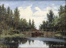 Landskapsbild med vatten och timmerbro
