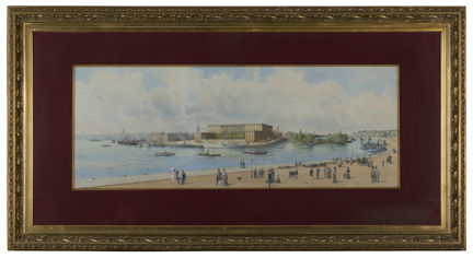 Folkliv på Blasieholmen 1890. I bakgrunden syns Slottet.  