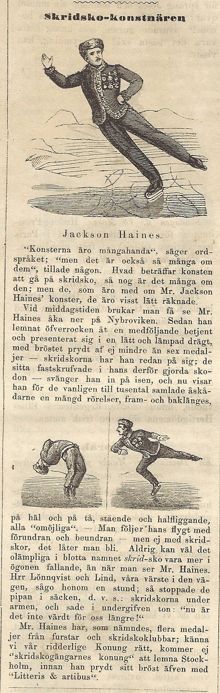 Skridsko-konstnären. Notis om konståkaren Jackson Haines i Söndags-Nisse – Illustreradt Veckoblad för Skämt, Humor och Satir, nr 12, den 25 mars 1866