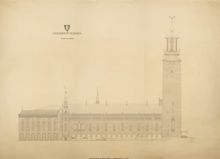 Ritning "Stockholms stadshus. Fasad mot söder." (uppmätningsritning 1923)