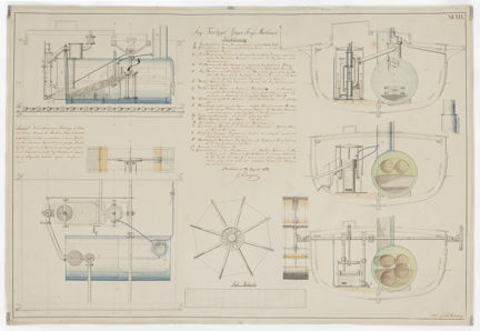Färggrann ritning på maskinerna på ångfartyget Yngve Frey från 1821. 
