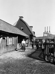 En grupp vuxna och barn på gårdssidan av Västra Kvarngränd 5 och 7. Nuv. kv. Kvadraten ung. vid Allhelgonagatan, tidigare Gotlandsgatan