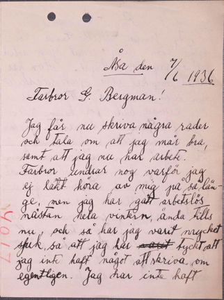 Handskrivet brev till Allmänna  barnhuset från tidigare barnhusbarn