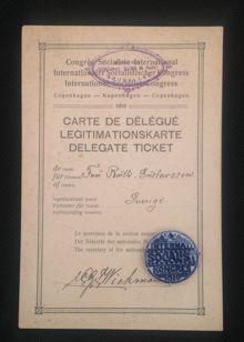 Ruth Gustafssons delegatkort till internationella socialistiska kongressen 1910