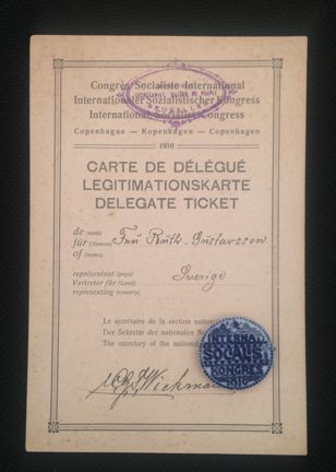 Delegatkort till den internationella socialistiska kongressen 1910