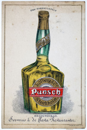 Reklamtryck i flera färger med bild på en punschflaska samt text.