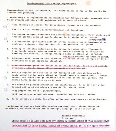 Ordningsregler för Stora Essingens ungdomsgård 1964. 