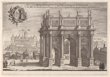 Drottning Kristinas triumfbåge i Jean Marots provtryck från 1667 - gravyren är hämtad från Suecia antiqua et hodierna