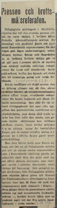 Lärare kritiserar pressens brottmålsreferat - notis i AB 1908