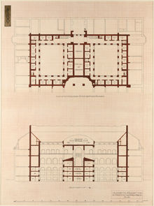 Ragnar Östbergs tävlingsförslag Rådhus ”Mälardrott” 1905, tillägg fullständigt fängelse, sektion plan och plan entresolvåning