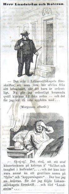 Herr Lundström och Koleran. Bildskämt i Söndags-Nisse – Illustreradt Veckoblad för Skämt, Humor och Satir, nr 30, den 22 juli 1866