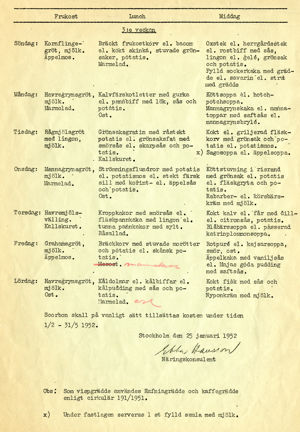 Matsedel från Beckomberga sjukhus 1952, februari till maj
