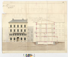 Ritning till nybyggnad på herr konditor A. Davidsons egendom med adressnumret 8 vid Östra Trädgårdsgatan