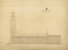 Ritning "Stockholms stadshus. Fasad mot norr." (uppmätningsritning 1923)