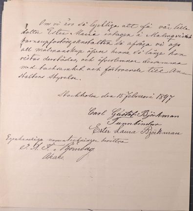 Ansökan till Malmqvistska barnuppfostringsanstalten