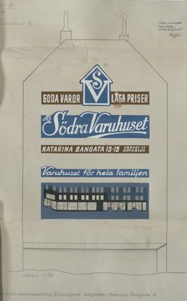 Målad reklam i blått, svart, brunt och vitt samt blyerts och tusch på papper.