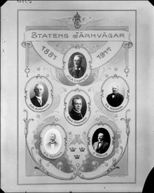 Statens järnvägar 1887-1917. Porträtt av  J.C.A. Lagerqvist, A. A. Andersson, Enoch Cederpalm, J. B. Malmsten, E.H. Karlsson och  J. Wiklund