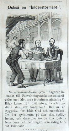 Också en bilderstormare. Bildskämt om Molins fontän i samband med Stockholmsutställningen 1866 i Söndags-Nisse – Illustreradt Veckoblad för Skämt, Humor och Satir, nr 32, den 5 augusti 1866