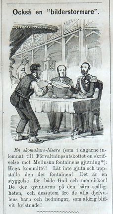 Också en bilderstormare. Bildskämt om Molins fontän i samband med Stockholmsutställningen 1866 i Söndags-Nisse – Illustreradt Veckoblad för Skämt, Humor och Satir, nr 32, den 5 augusti 1866