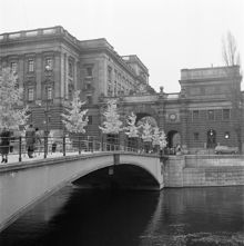 Riksbron mot Riksdagshuset. Julgranar pyntar broräcket