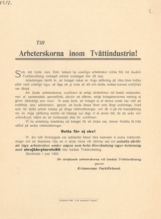 Flygblad från strejkande tvätteriarbeterskor och Kvinnornas fackförbund med uppmaning om att stödja strejken vid Inedals tvättinrättning 1903