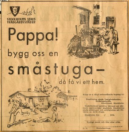 Utklippt annons gulnat tidningspapper med jämförelsebild av familj i mörk nedgången stadsmiljöbarn och idyllisk bild av barn i trädgårdsmiljö framför småstuga