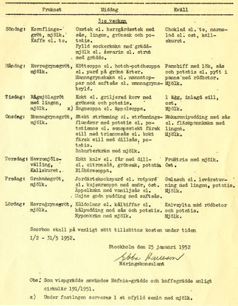 Matsedel från Beckomberga sjukhus 1952 (februari till maj)