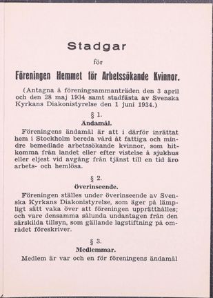 Tryckta stadgar för Hemmet för arbetssökande kvinnor 1934