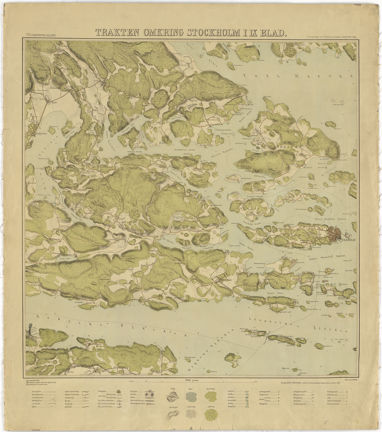 Tryck i färg, med skog i grönt, vatten i blått och förklaring med bilder över symboler och streckningar under kartbilden.