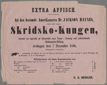 Affischen annonserar om Jackson Haines framträdande på isen år 1866