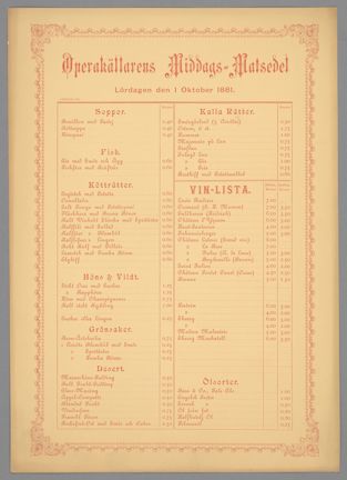 Middagsmatsedel från Operakällaren, 1881