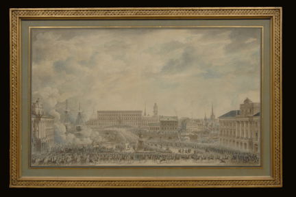 En stor folkmassa på Gustav Adolfs torg och kanoner som skjuter salut