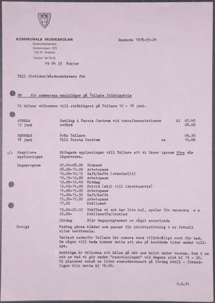 Maskinskriven beskrivning av program för sommarläger från kommunala musikskolan i söderort 