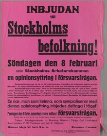 Inbjudan till Stockholms befolkning! [Affisch om motdemonstration till Bondetåget 1914]