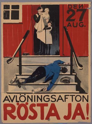 Valaffisch där en utslagen man ligger på trappan nedanför en gråtande kvinna med två små barn intill sig.