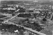 Flygfoto över Västerbron under byggnad 1933