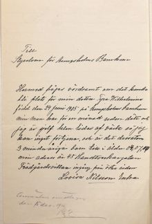 Änkan Lovisa Nilsson ansöker om plats på Kungsholms barnhem för sin dotter - 1915