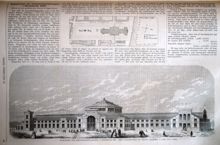 Byggnaden för Industriutställningen i Stockholm 1866. Artikel med karta och stor illustration i Ny Illustrerad Tidning, nr 8 den 24 februari 1866