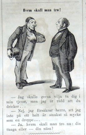 Hvem skall man tro? Bildskämt om suput i Söndags-Nisse – Illustreradt Veckoblad för Skämt, Humor och Satir, nr 17, den 29 april 1866