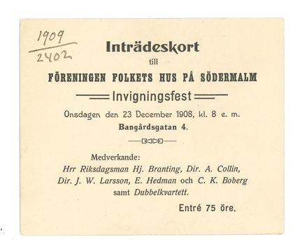 Inträdeskort till invigningen på Södra Folkets hus