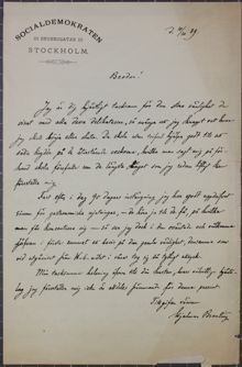 Hjalmar Branting tackar för delikatesserna från fängelsecellen - brev till Dr Nyström 1889
