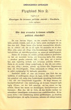 Flygblad från Föreningen för kvinnans politiska rösträtt i Stockholm 1906