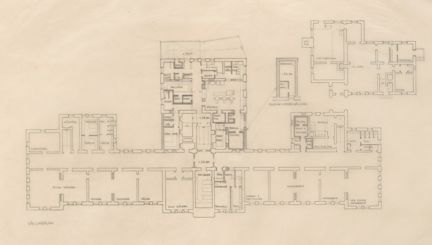 Planritning över husets källarvåning, i tusch på transparent papper