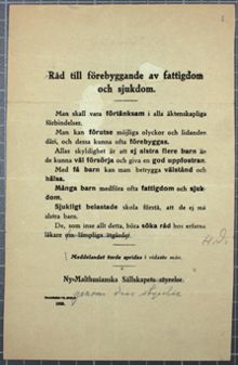 Råd till förebyggande av fattigdom och sjukdom - flygblad 1923