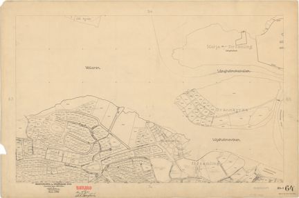 Kartan är ritad i tusch på papper som gulnat med tiden