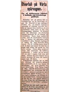 "Öfverfall på Värtaspårvagnen"- artikel Aftonbladet 1912 
