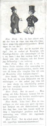 Herr Frisk och Herr Snobb diskuterar flaggningspolitiken vid Expositionspalatset på Stockholmsutställningen 1866. Satirisk dialog i Söndags-Nisse – Illustreradt Veckoblad för Skämt, Humor och Satir, nr 35, den 26 augusti 1866