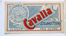 Etikett. Cavalla cigaretter. Tobaksfabriken Skandinavien