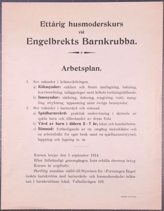 Arbetsplan för ettårig husmoderskurs vid Engelbrekts barnkrubba